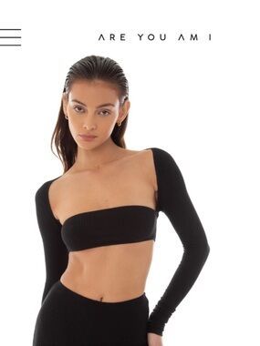ARE YOU AM I Black Ribbed Bandeau Long-Sleeve Crop Top